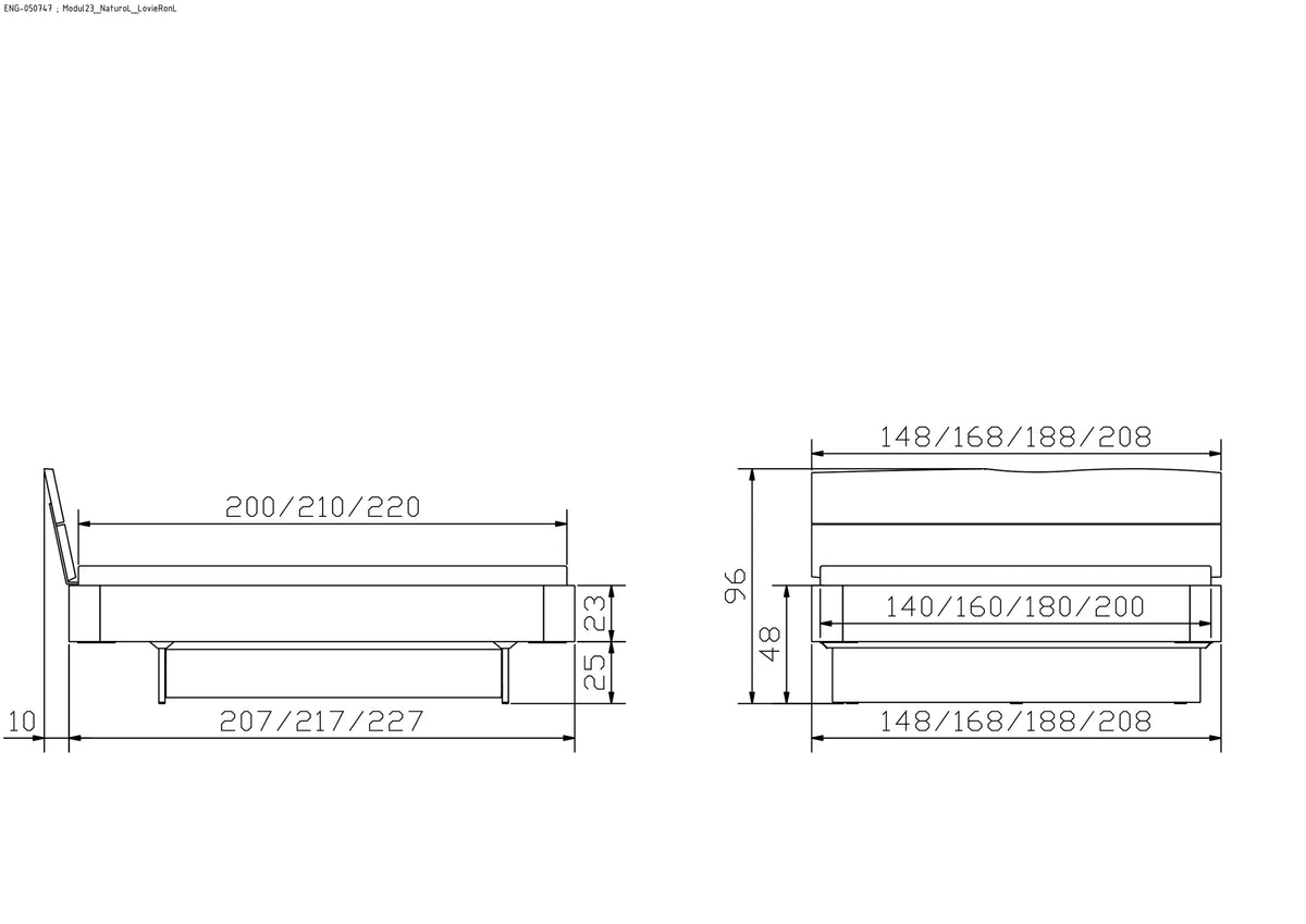 Nardo massief houten bed Oak Puro maattekening