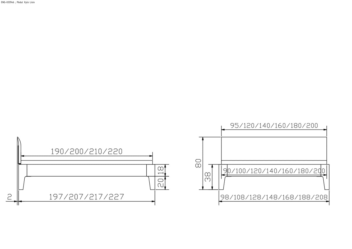 Lisiano massief houten bed Oak-Line maattekening