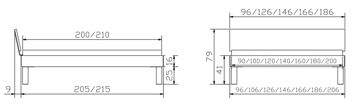 Forti massief houten bed maattekening poten 25cm