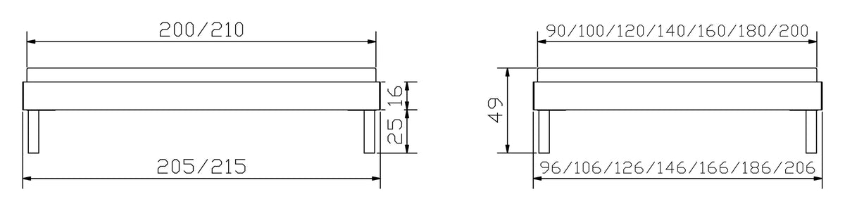 Rapallo massief houten bed maattekening poten 25cm