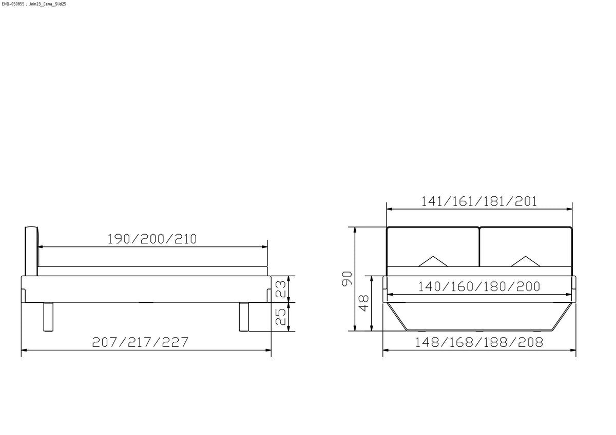Cortona massief houten bed Oak Bianco maattekening poten 25cm