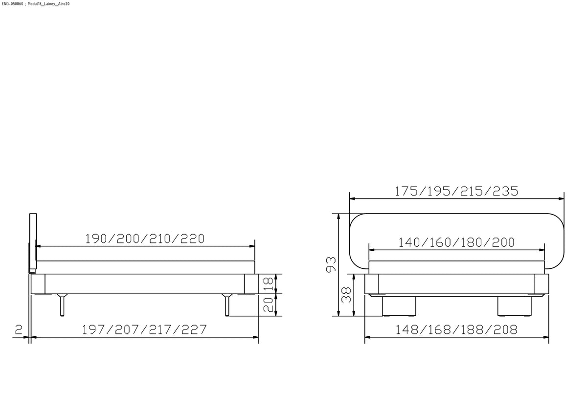 Lerici massief houten bed Oak Bianco maattekening poten 20cm