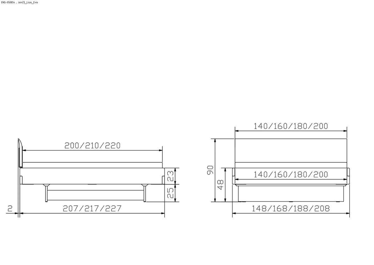 Livorno massief houten bed Oak Bianco maattekening poten 25cm