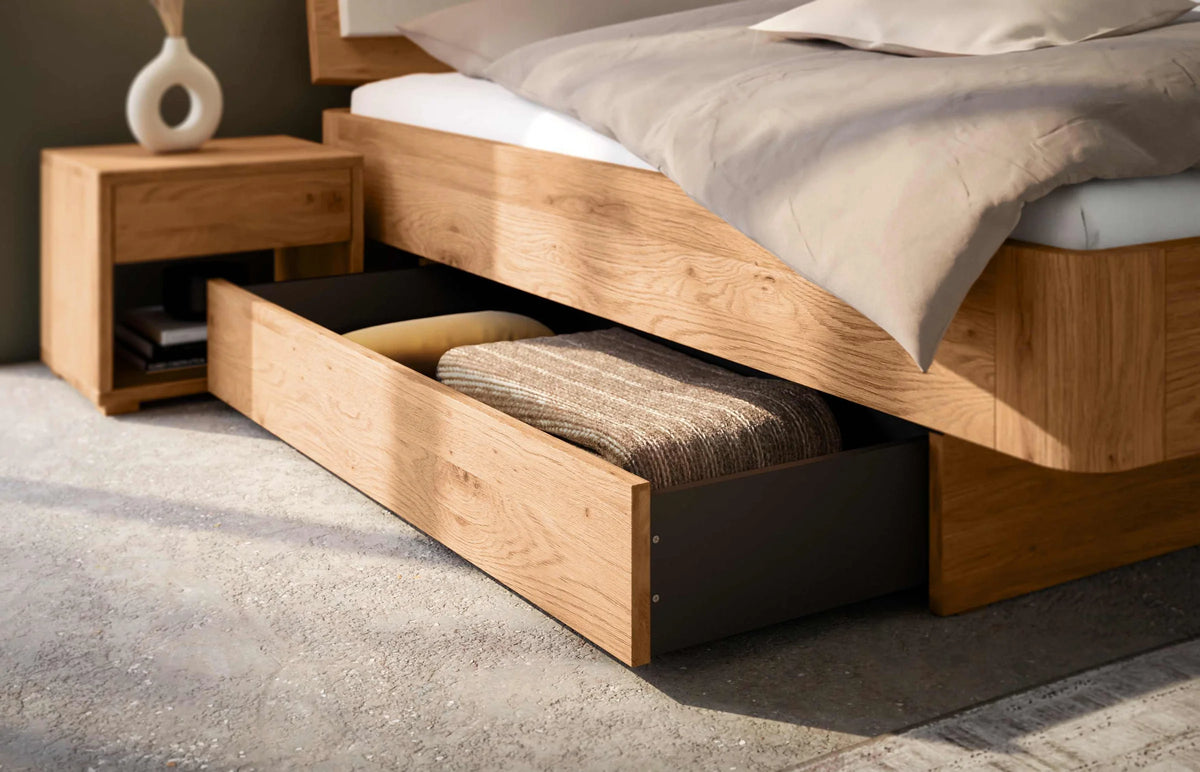 Nardo massief houten bed Oak Puro Wild Eiken Naturel opbergbox detail