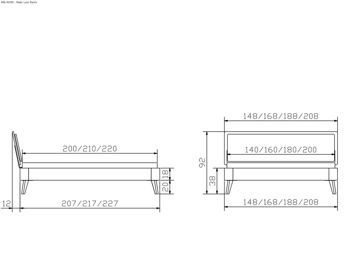 Mantova massief houten bed Oak Puro maattekening