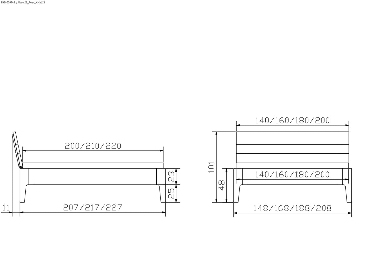 Pavia massief houten bed Oak Puro maattekening poten 25cm