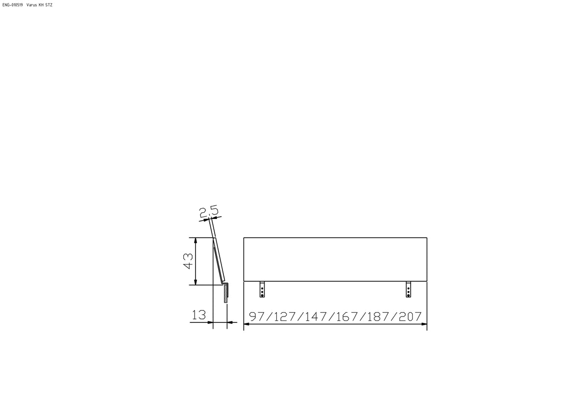 Volterra massief houten bed Oak-Line maattekening hoofdbord