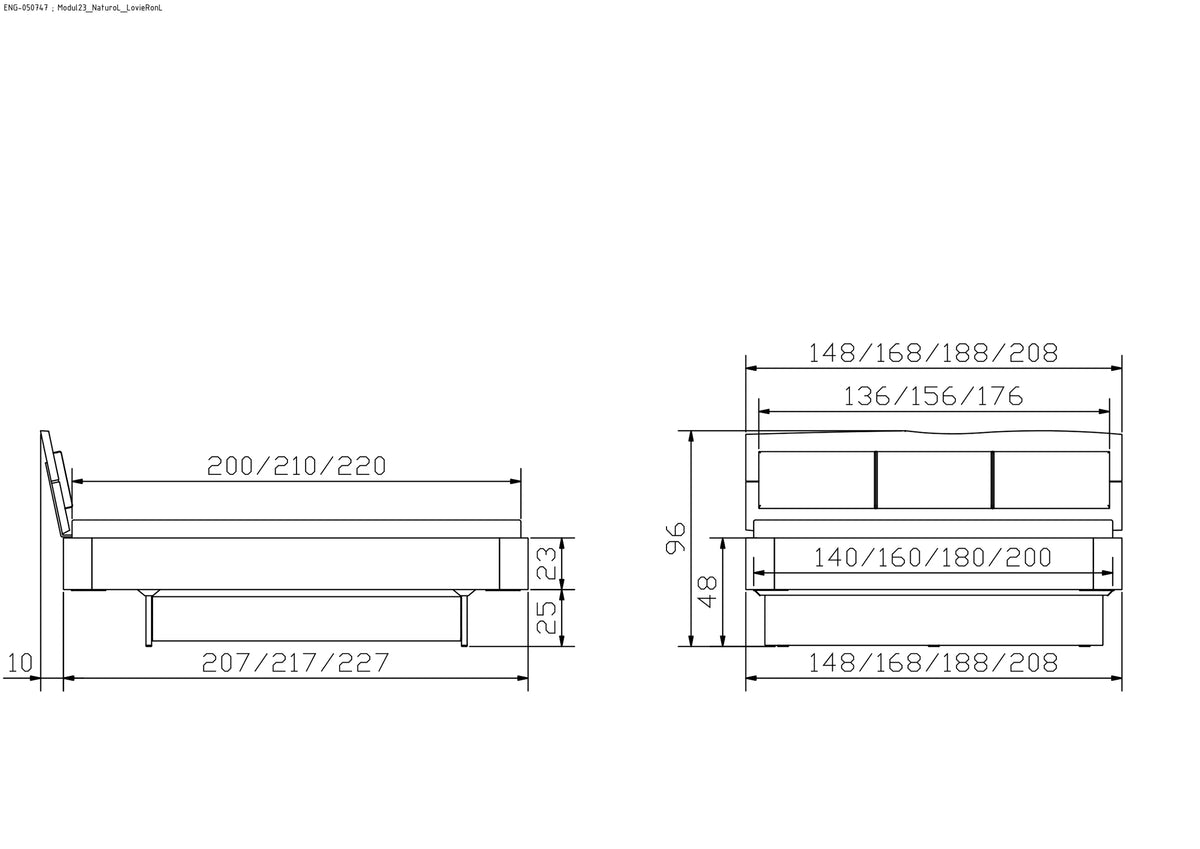 Nardo massief houten bed Oak Puro maattekening