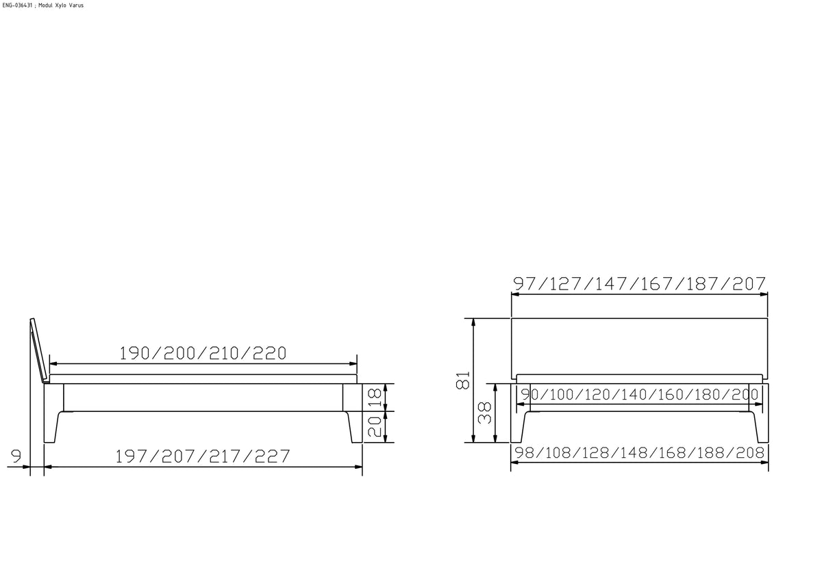 Volterra massief houten bed Oak-Line maattekening