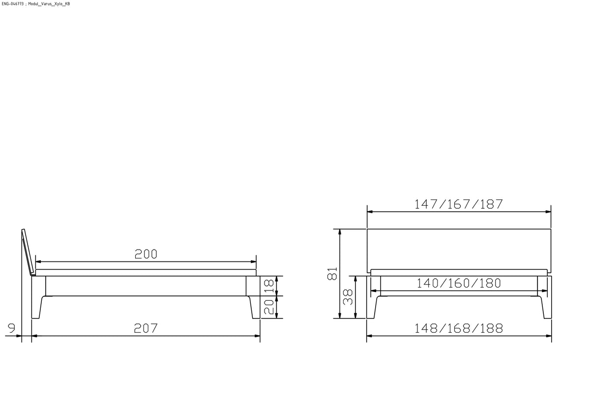 Volterra massief houten bed Oak-Line maattekening