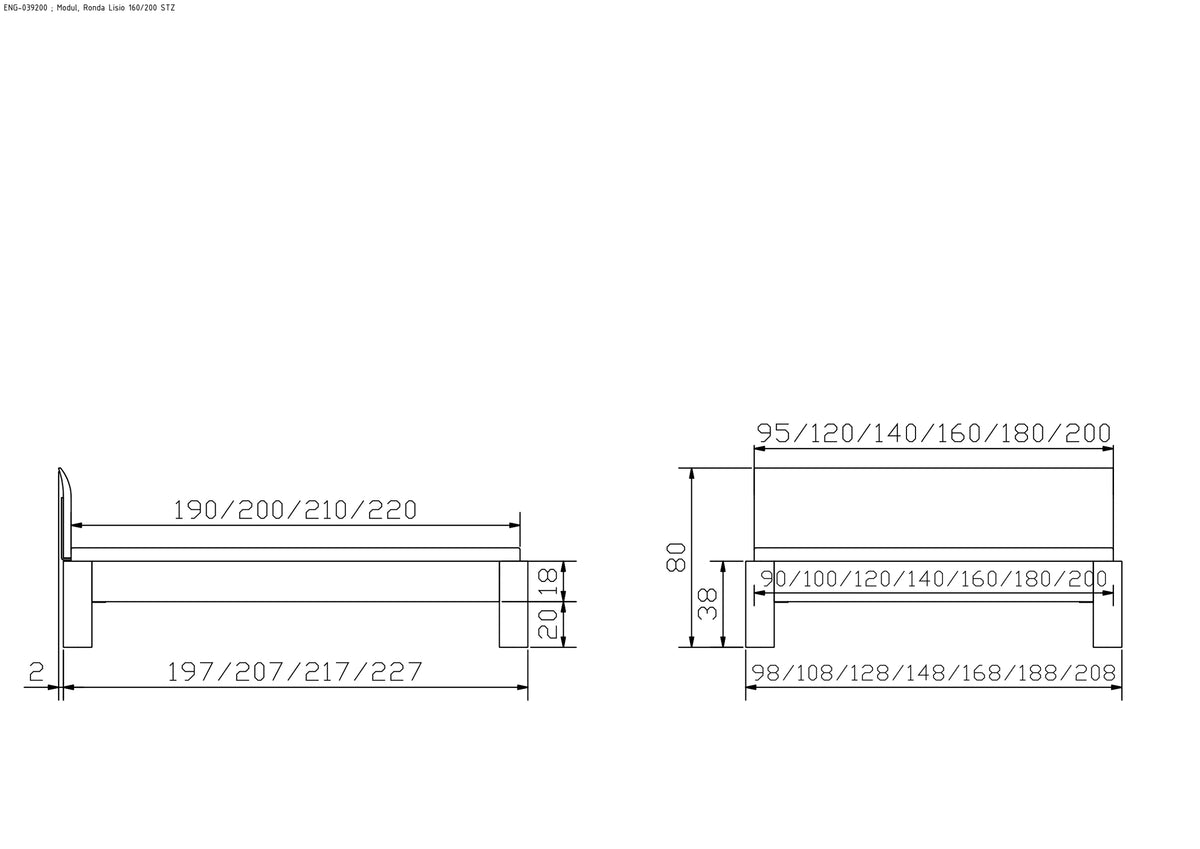 Lucca massief houten bed Oak-Line maattekening