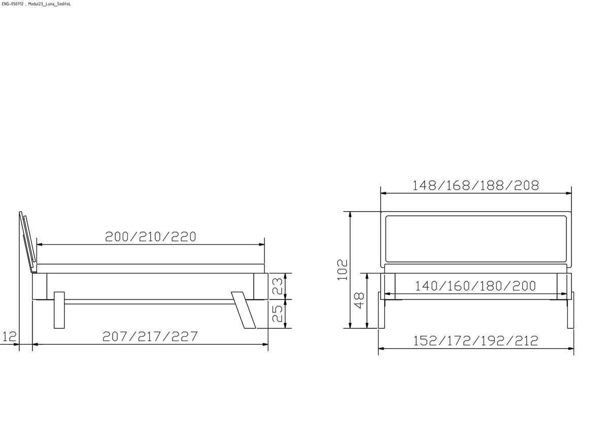 Matera massief houten bed Oak Puro maattekening