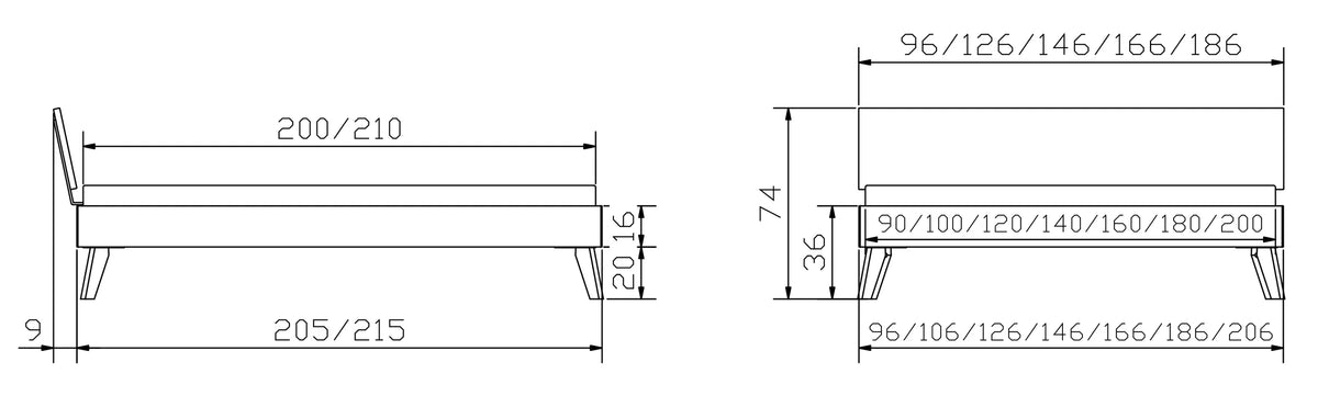 Ancona massief houten bed maattekening poten 20cm