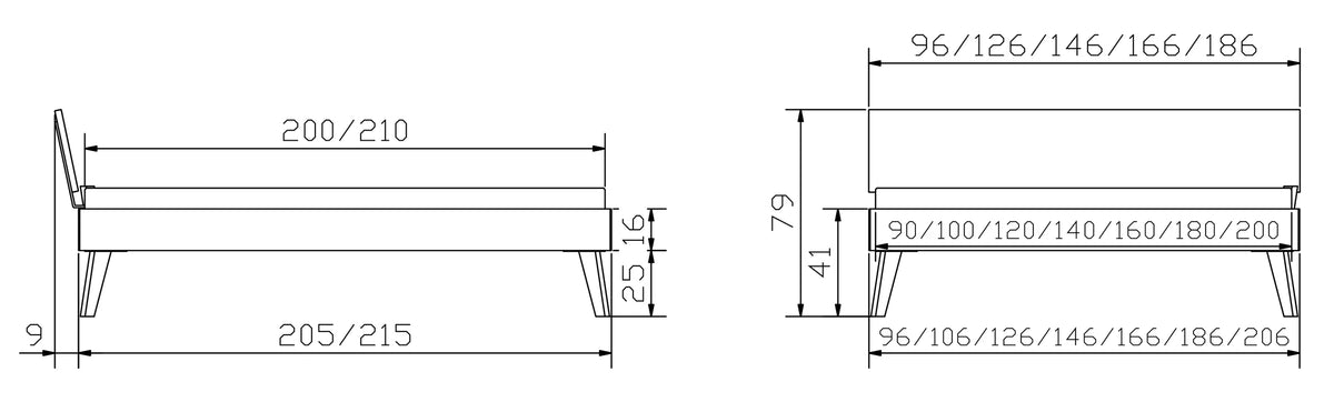 Ancona massief houten bed maattekening poten 25cm