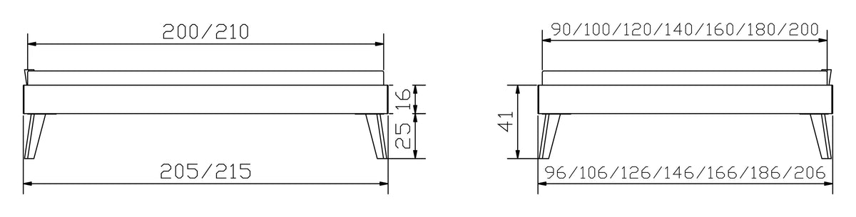 Calvari massief houten bed maattekening poten 25cm