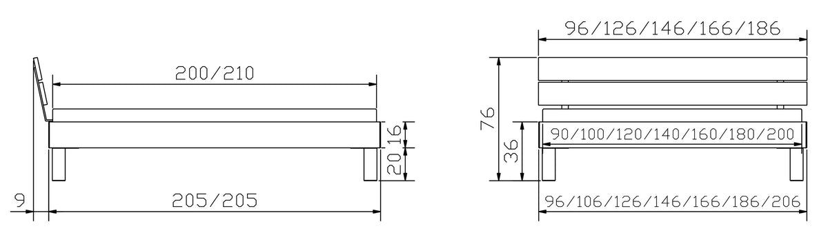Prato massief houten bed maattekening poten 20cm