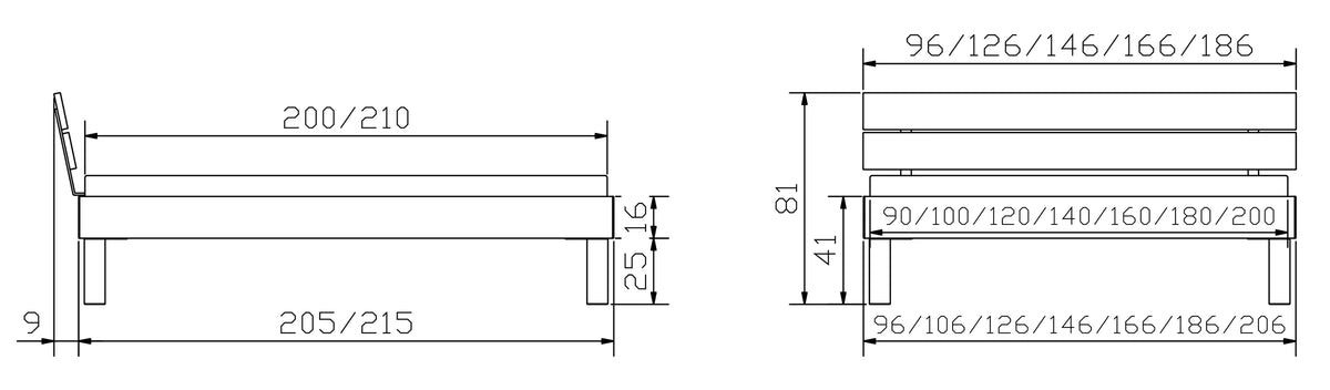 Prato massief houten bed maattekening poten 25cm